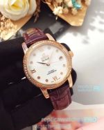 Copy Omega De Ville Ladies Watch White Dial Purple Leather Strap